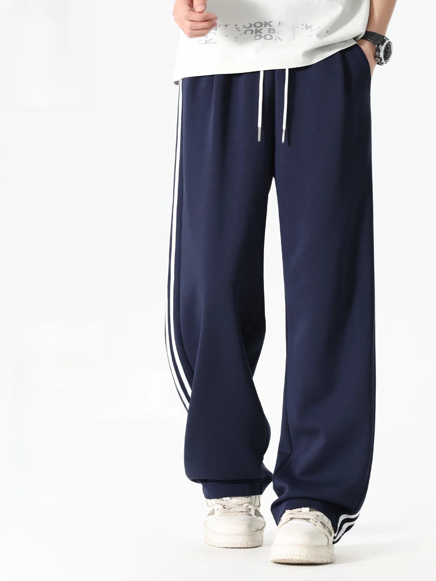 

Men's Sport Pants Spring Side Stripe American Trendy Wide Leg Straight Cut Cotton Casual Trousers