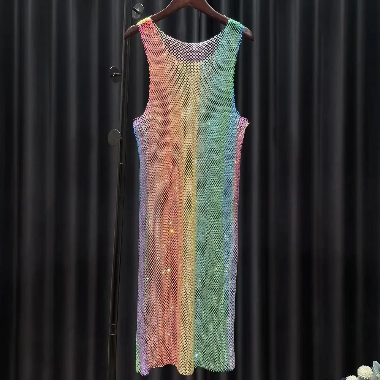 Sparkling Hot Diamonds Rainbow Crewneck Sleeveless Womens Dress Mesh Colored Diamond Sheer Dress for Women