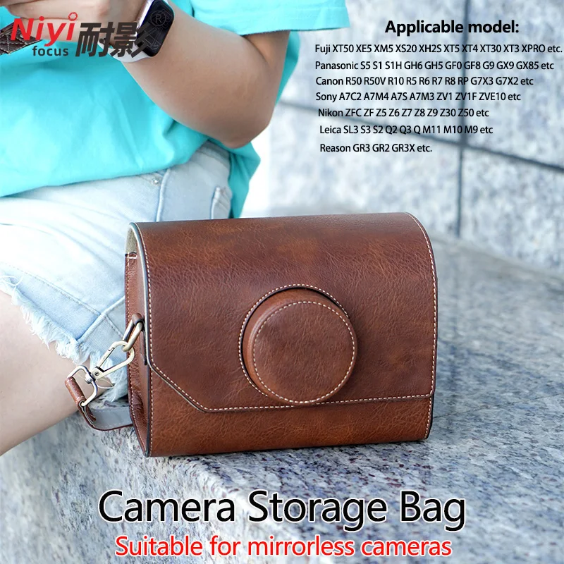 

Сумка для фотоаппарата Кожаная сумка через плечо в стиле ретро с ремешком для камеры Сумка для хранения Портативная уличная сумка для Fujifilm xm5 Sony zve10 Canon R50 Nikon