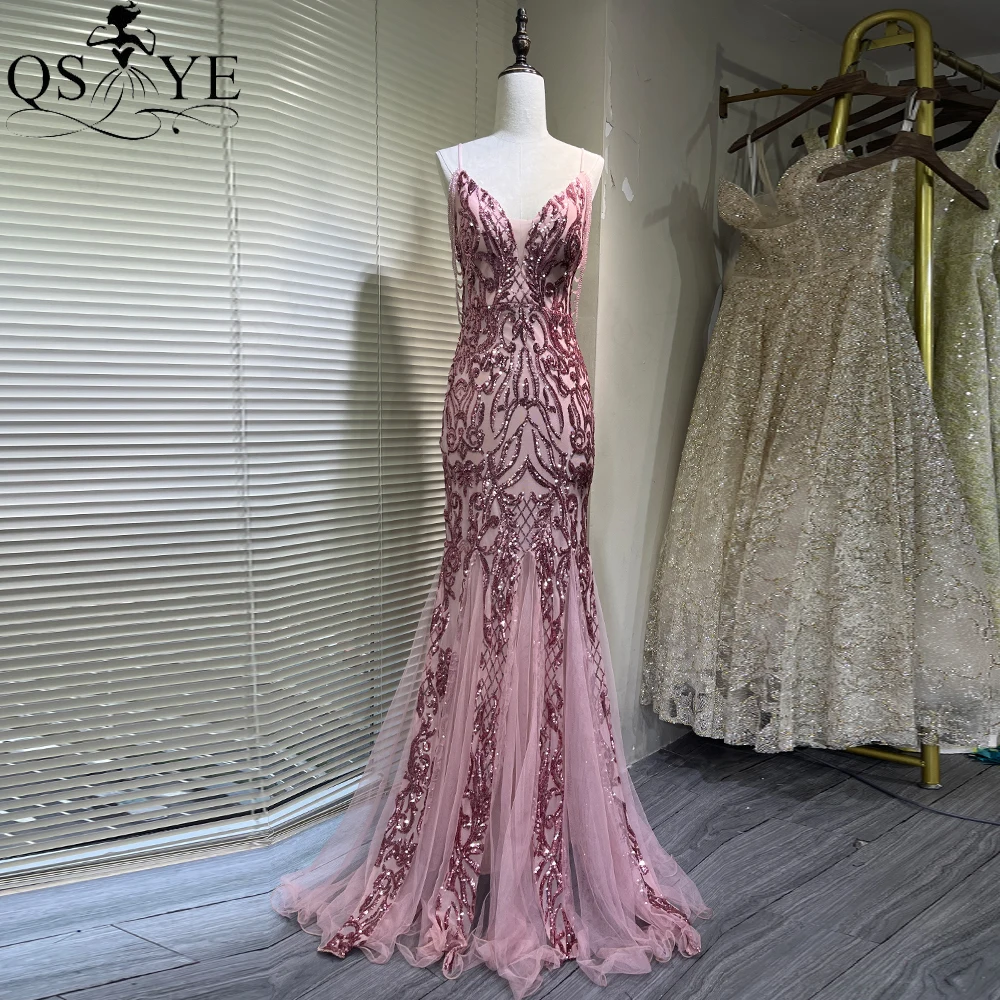 

Pattern Lace Pink Mermaid Prom Dresses Sequin Beading String Spaghetti Straps V neck Party Gown Side Sleeves Women Evening Dress