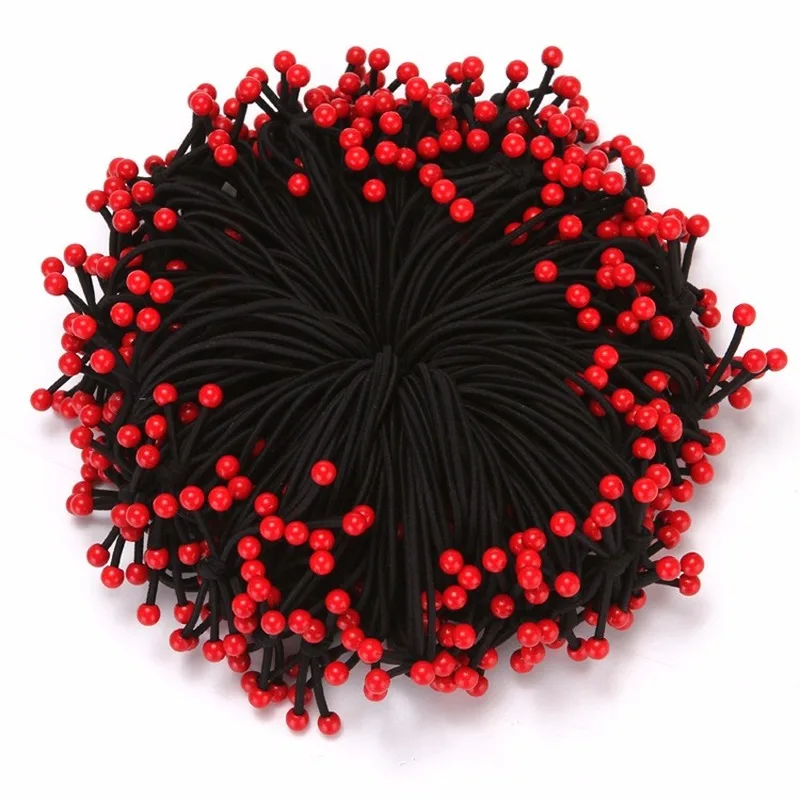 10pcs/lot Women Elastic Band for Hair High Quality Three Floors Cherry Red Beads Elastic Hair Band for Girls Hair Accessories