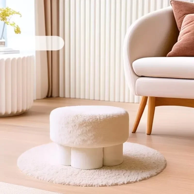 Plush Lamb Wool Mushroom Stool Low Round Ottoman for Entryway Shoe Changing Living Room Kids Makeup Seat Small Footrest view 4