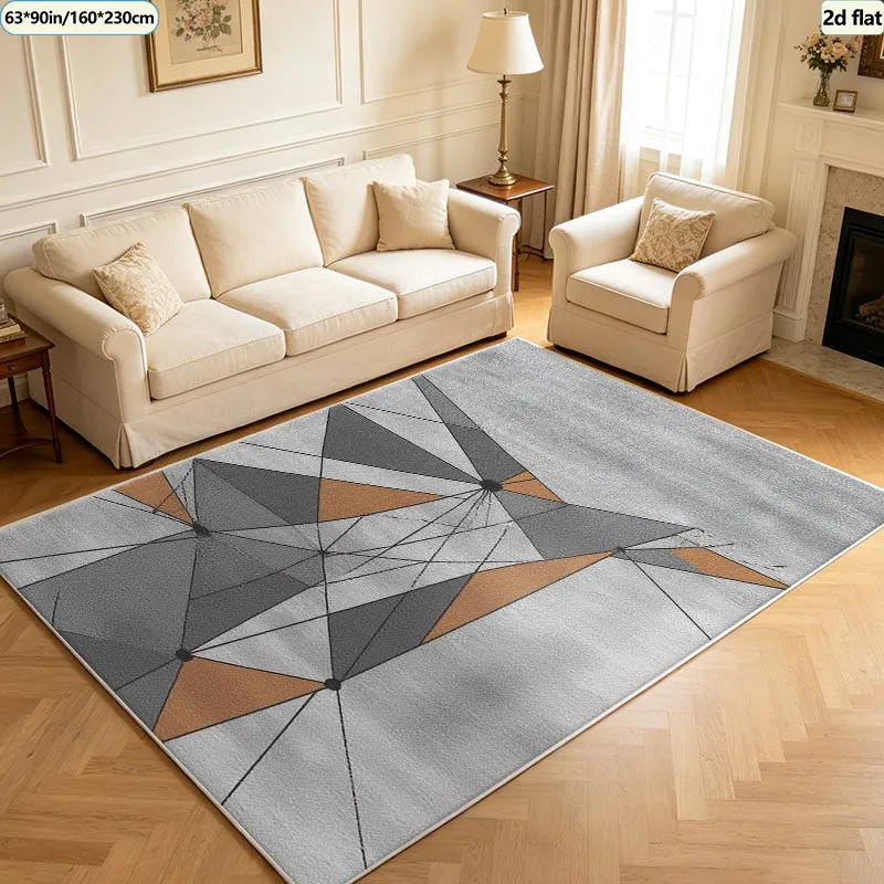 Gray and Orange Line Frame Polygonal Abstract Pattern Carpet, Elegant Carpet for Living Room, Bedroom, Home Interior Decoration