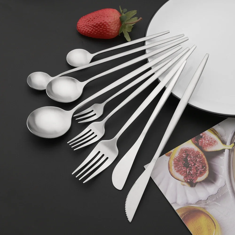 6Pcs Matte Silver Dinnerware Cutlery Set Stainless Steel Silverware Knife Spoon Fork Set Flatware Salad Fork Tableware Set
