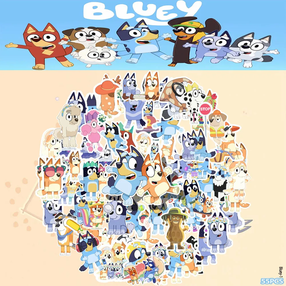 هدية السنة الجديدة الأكثر مبيعًا 55 ملصقًا Bluey شارات كلب Bluey لطيفة ومبتكرة مثالية لحافظات الهاتف المحمولة والأمتعة ذاتية الصنع