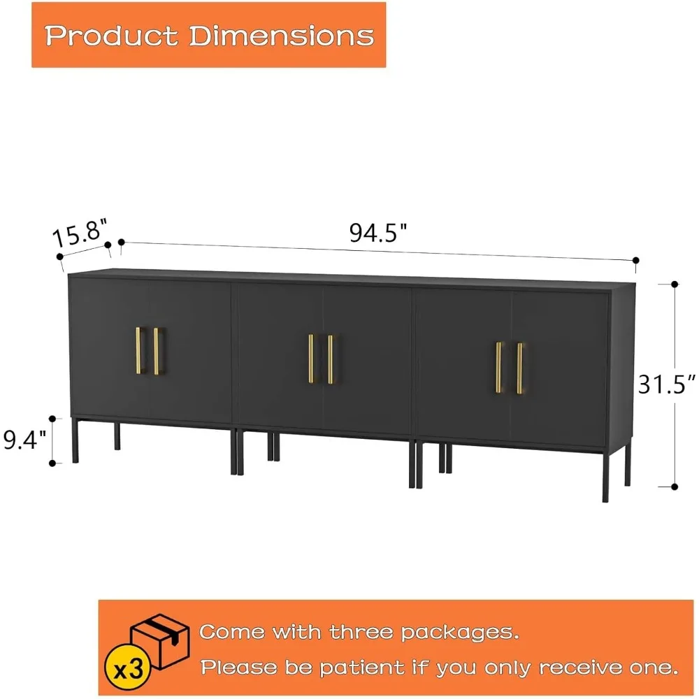 3-piece storage cabinet with door and adjustable shelf, freestanding modern sideboard buffet cabinet, black