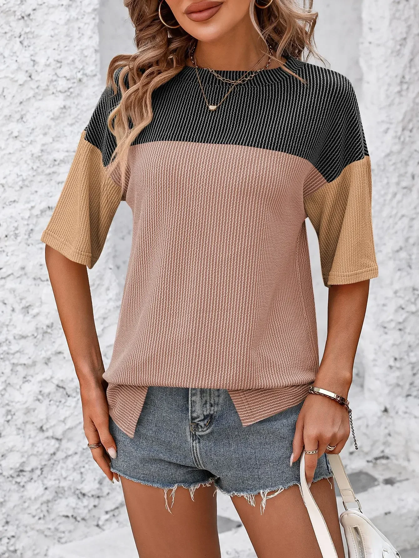 New Spring/summer Tops for Women Round Neck Twist Strip Matching Color Match Short Sleeve Fashion Loose T-shirt Woman Y2k Top