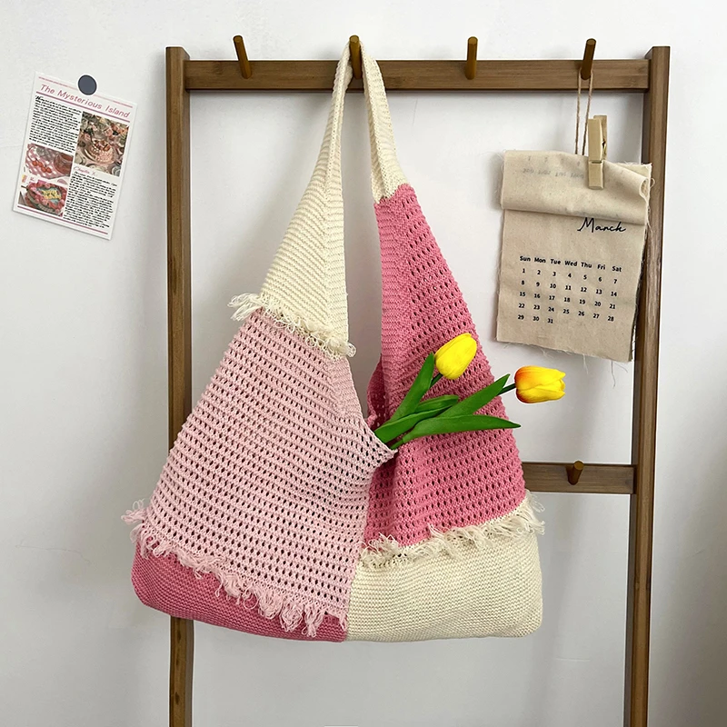 

2026 New Contrast Color Straw Tote Bag for Women Large Capacity Shoulder Handbag, Fashion Beach Bag Casual Vacation Hobo Bag