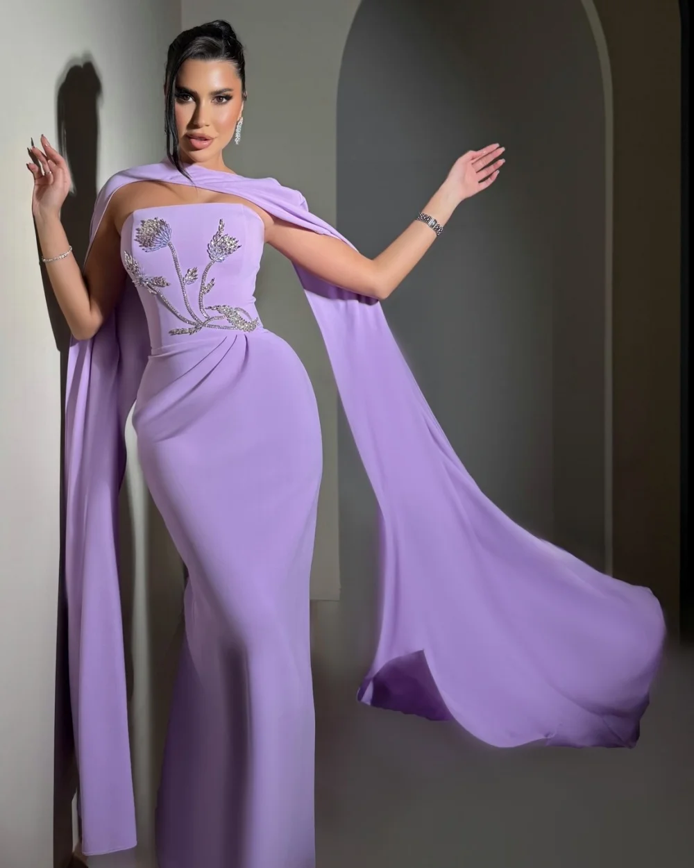 Customized Modern Style Women Jersey Beading Flowers Sheath Evening Dresses High Quality Strapless Ribbon Ruched Prom Dresses