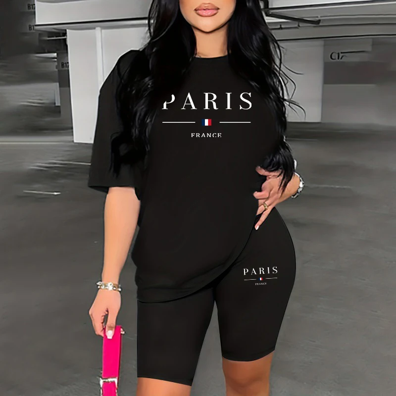 

2025 Hot Sale Paris Printed Women's Summer Tracksuit O-neck T-shirts Tight Shorts Ladies Home Outdoor Casual Sports Sexy Outfits