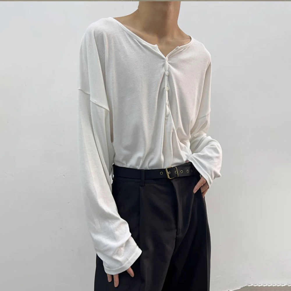 

Summer Men's Solid Color Large Collar Long-Sleeved T-Shirt American Retro Fashion Trend Leisure Loose Breathable Niche Men's Top