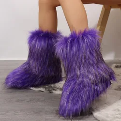 Stivali da donna con plateau arcobaleno lanuginoso da donna all'aperto stivali da neve caldi in pelliccia sintetica scarpe da donna in peluche per la casa di grandi dimensioni autunno inverno