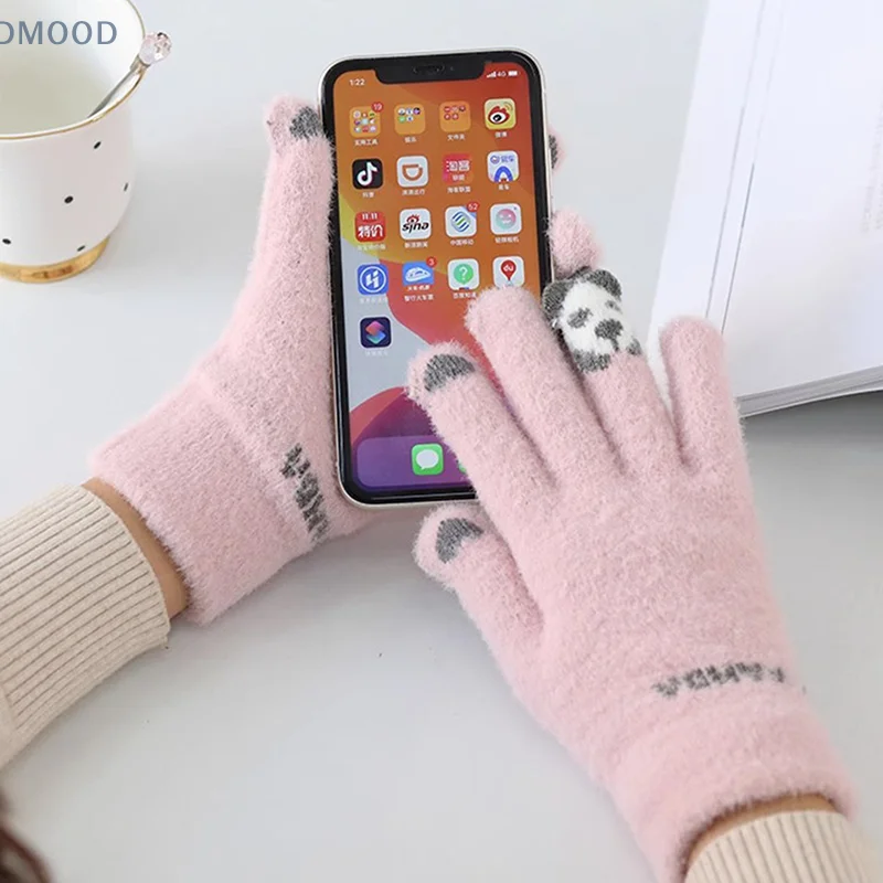 1Pair Women Warm Winter Touch Screen Gloves Stretch Knit Mittens Wool Full Finger Female Crochet Glove