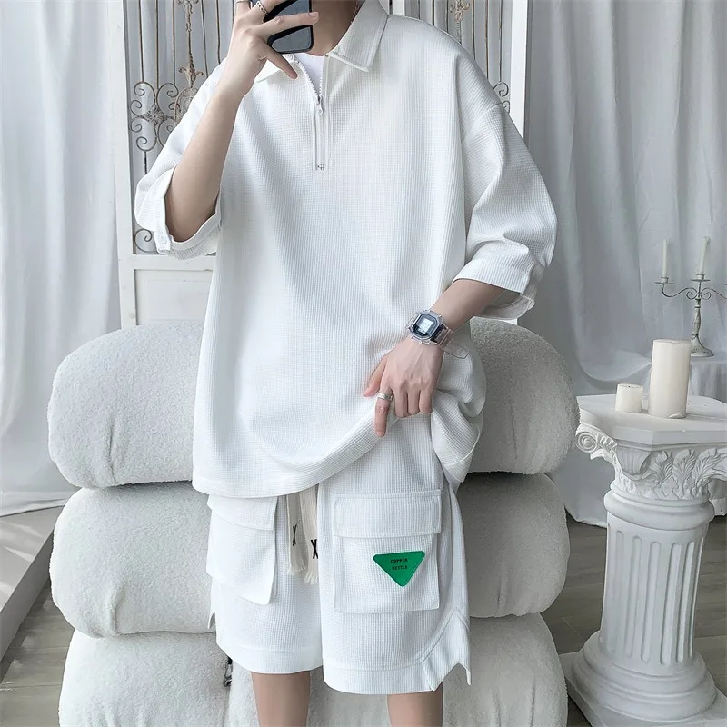 2026 Summer New Waffle Polo Shirt T-shirt for Men Korean Fashion Men's Casual Loose T-shirt and Shorts 2-piece Set Sportswear