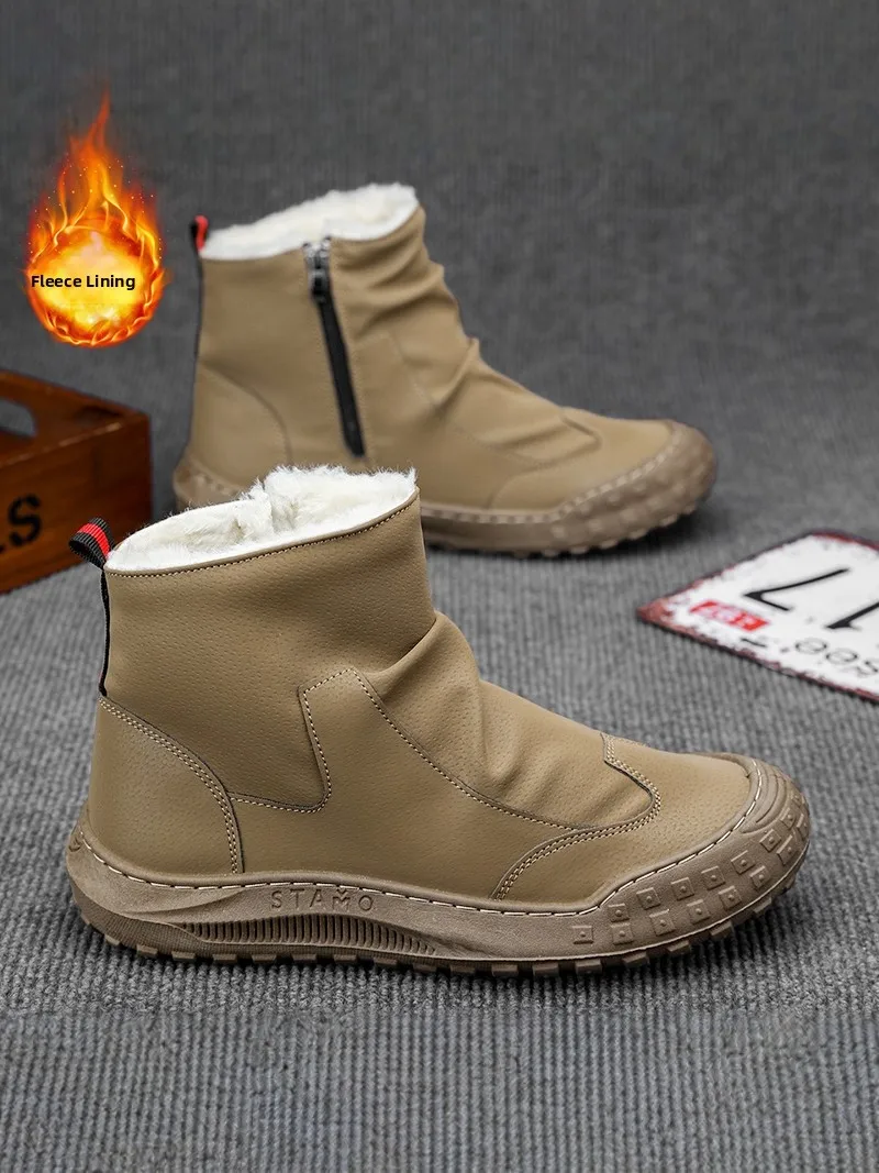 

Men's Winter High Top Fleece Lined Thickened Snow Boots Warm Leather Fur Integrated Cotton Shoes Anti Slip Wear Resistant Lab...