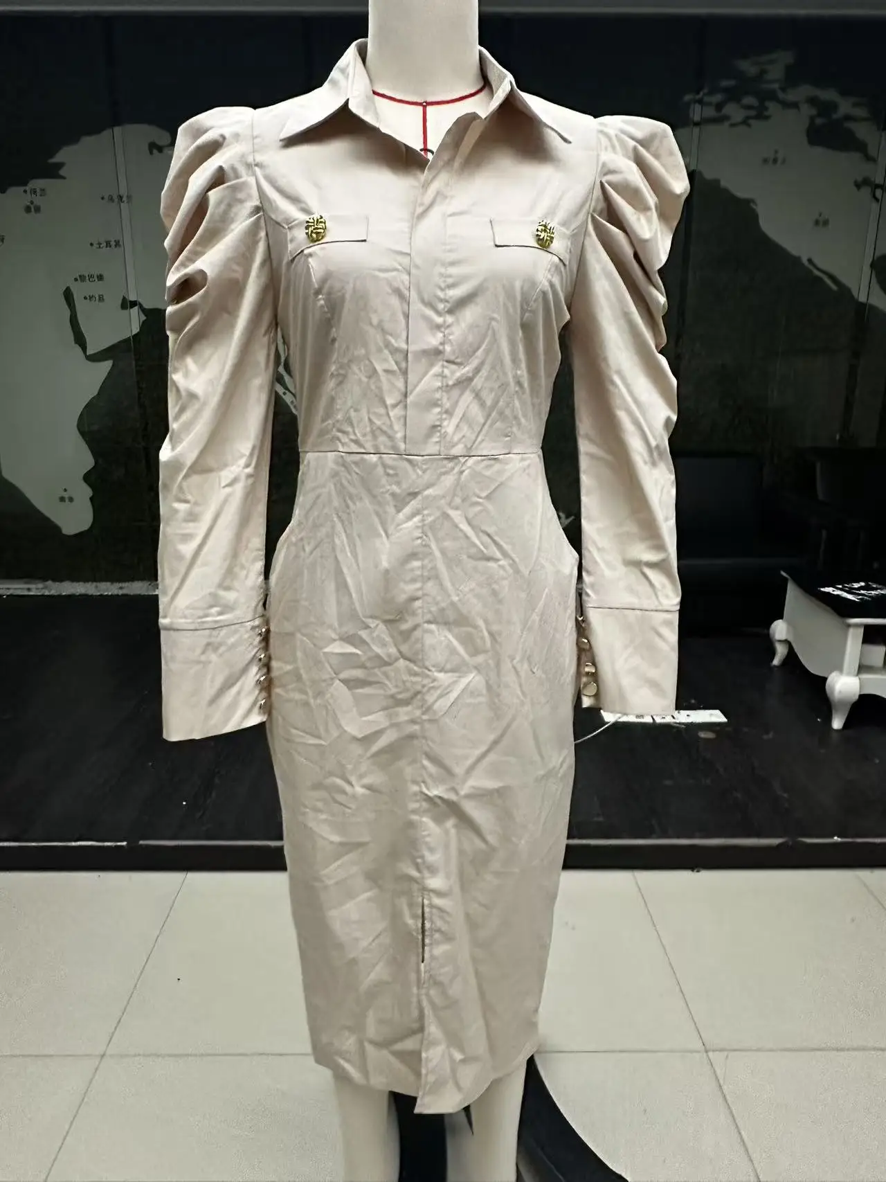 Autumn Fashion Elegant Dresses Turn-Down Collar Long Sleeve Button Decor Front Slit Slim Fit Mid-Calf Dress Work Bodycon Dress