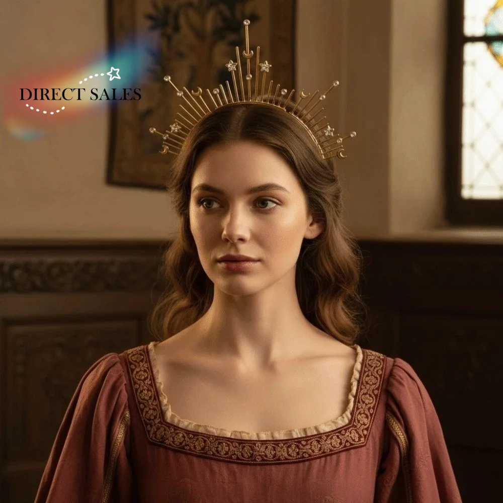 

Gothic Glory Sun Crown Headpiece Golden Spiked Hair Hoop Lolita Baroque Style Renaissance Cosplay Headband