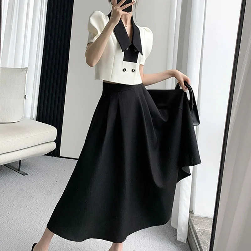 French Elegant Two Piece Sets Vintage Office Lady Puff Sleeve White Crop Top + A Line Black Midi Skirts Suit Retro Summer Outfit