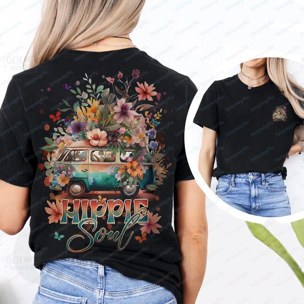 Women Summer Short Sleeve Fashion T Shirt Watercolor Wildflower Vintage Camper Van Double Side Print Crew Neck Trendy Daily Tee