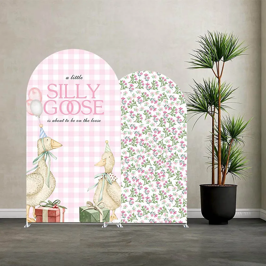 Mehofond Custom 2-Sided One Silly Goose Pink Plaids Girls Birthday Party Baby Shower Cover Chiara Arch Background Decor Backdrop