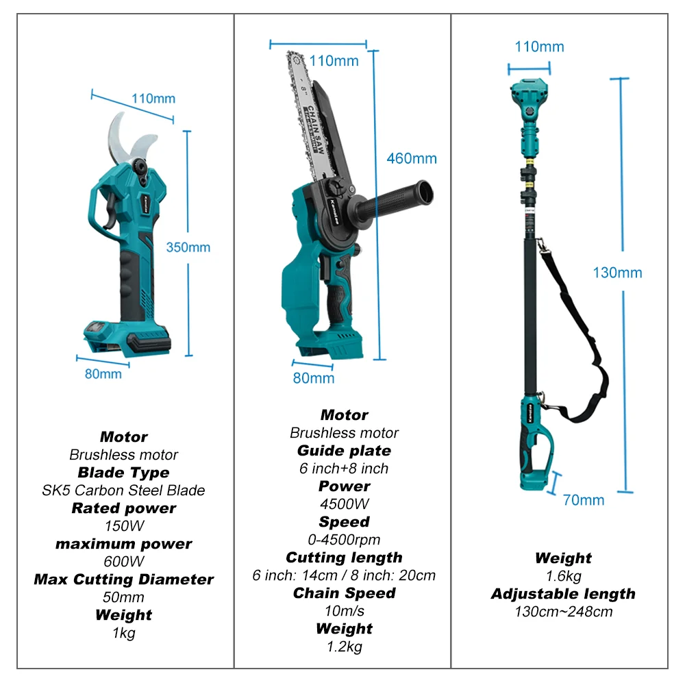 Kamolee-tijeras eléctricas sin escobillas de 50mm, sierra eléctrica de rama alta de 6 + 8 pulgadas, con extensión de 2,5 metros y varilla telescópica