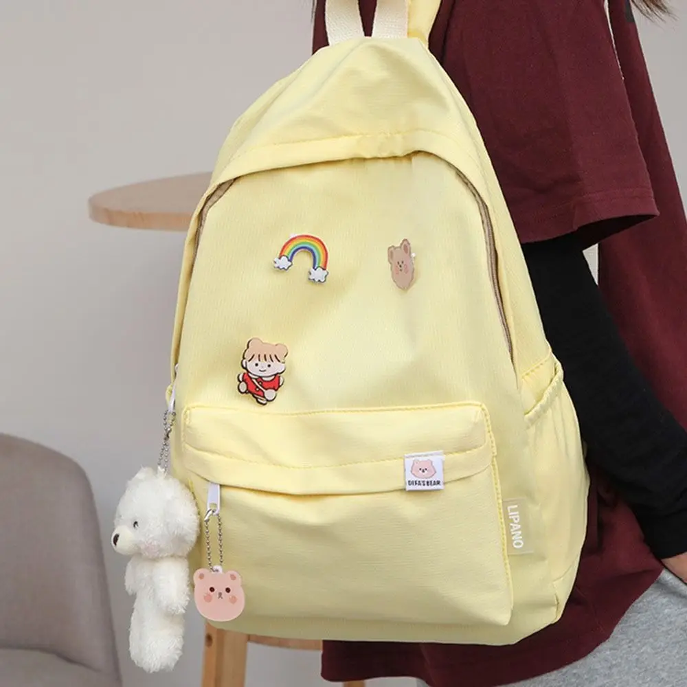 Mochila de ombro duplo impermeável, Multi bolso lazer saco escolar com pingente dos desenhos animados, estético moda casual sacos para estudantes