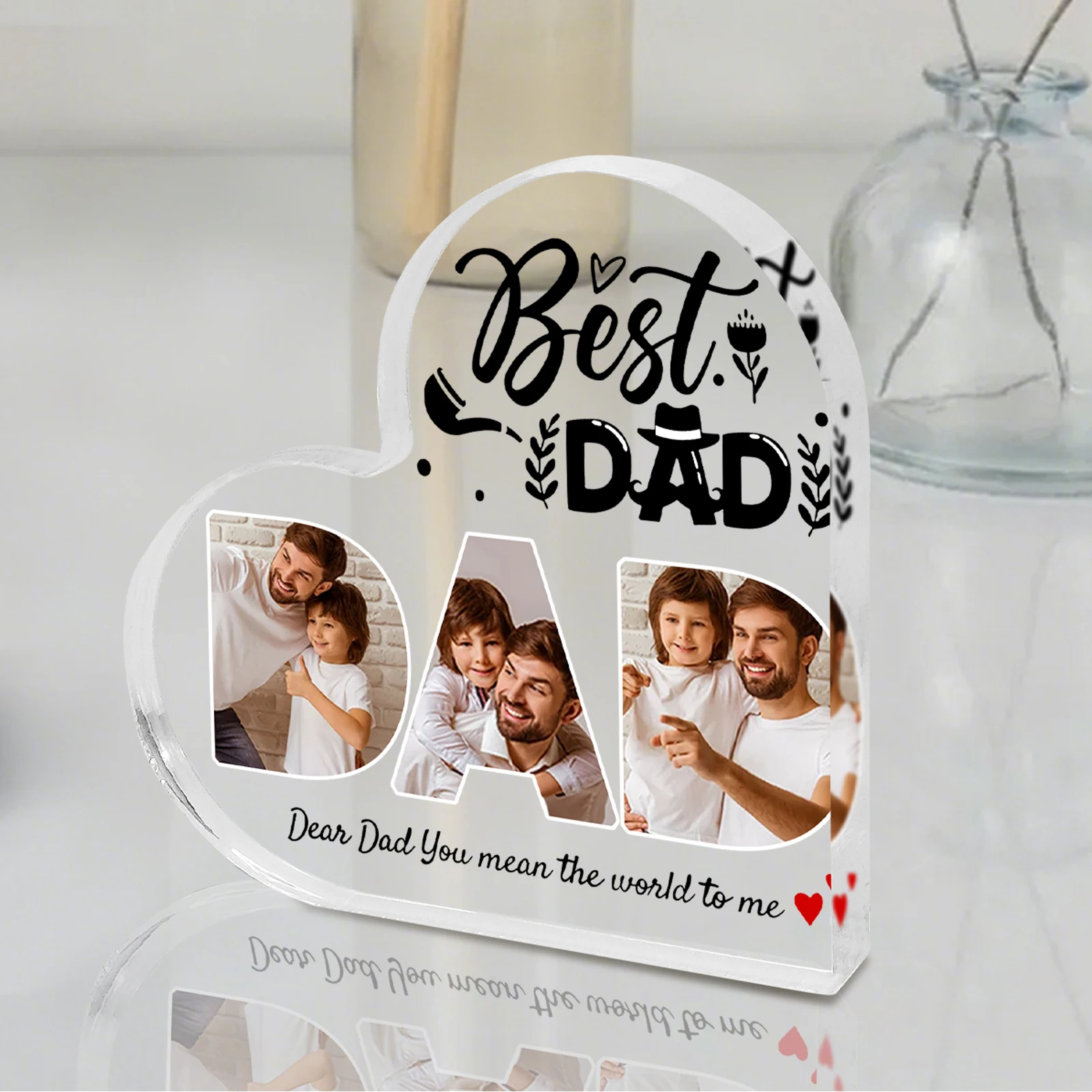 어린이와 아빠를 위한 맞춤형 하트 모양 아크릴 기념품 - 개인 사진과 따뜻한 메시지를 소중한 기념품으로 만들어보세요