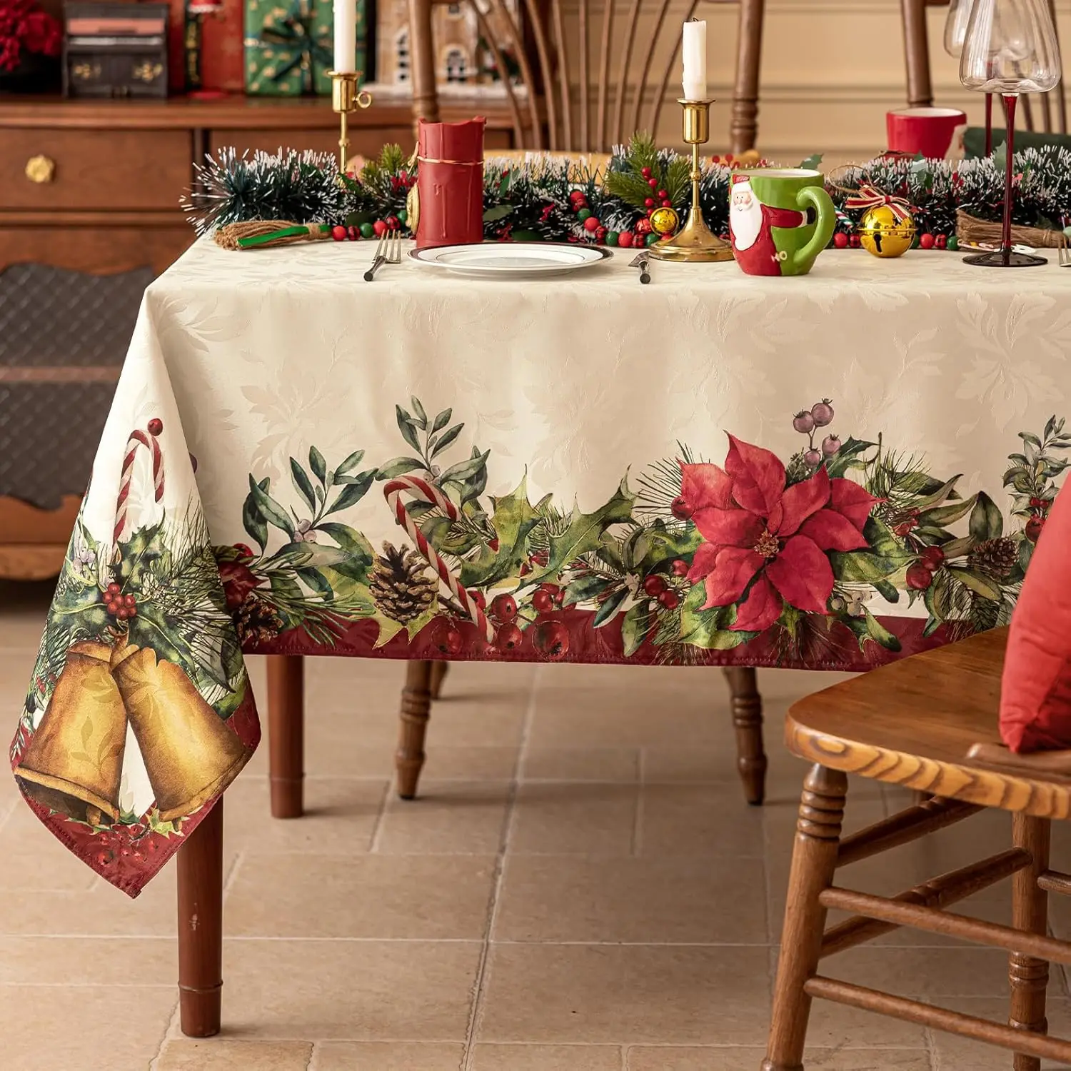 Christmas Poinsettia Pine Needle Holly Waterproof Tablecloth Table Decor Winter Holiday Kitchen Dining Tablecloth Xmas Decor
