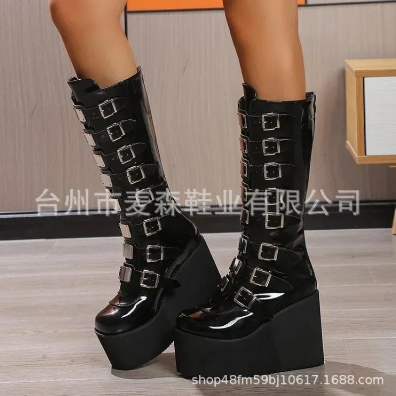 Punk Women Boots Cosplay Ladies High Heel Platform Wedges Women High Boots Gothic Buckle Strap Long Tube Leather Female Boots