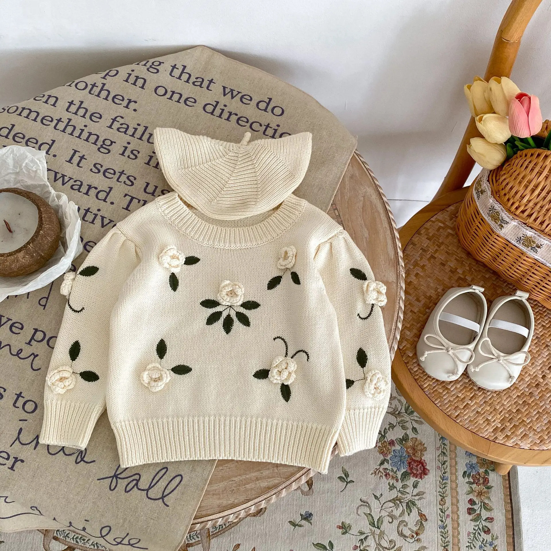 Ins 2024 Autumn Baby Girls Sweater Cotton Knitted Handmade Flower Infant Girls Sweater Embroidery Pullover Toddler Girls Tops