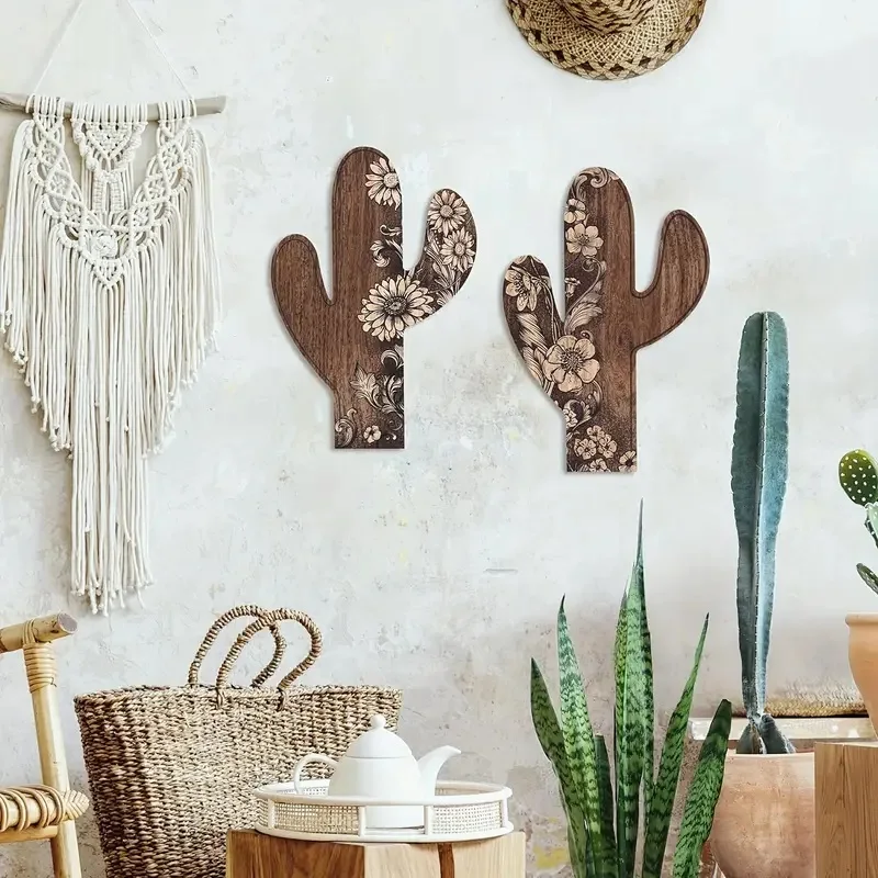 2Pcs Wooden Wall Decor Bohemian Style Cactus Decor, Farmhouse Wall Decor, Rustic Flower Patterns Wood Home Decor