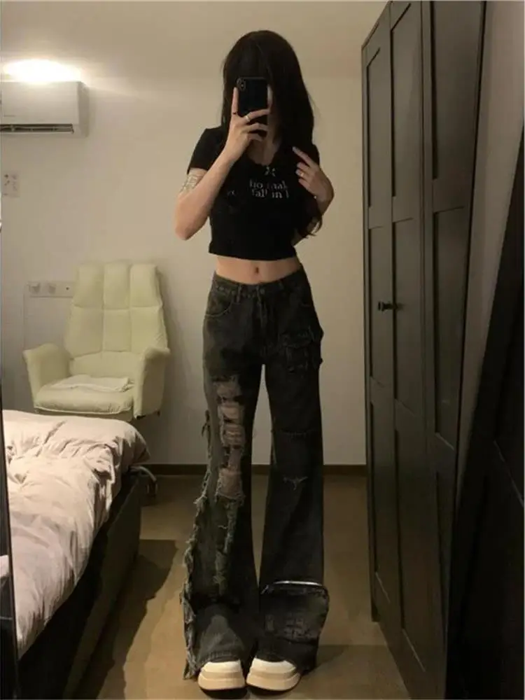

Retro American Black Destruction Sense Hole Workwear Jeans Women's Multi Pocket Loose Design Wide Leg Floor-Length Pants