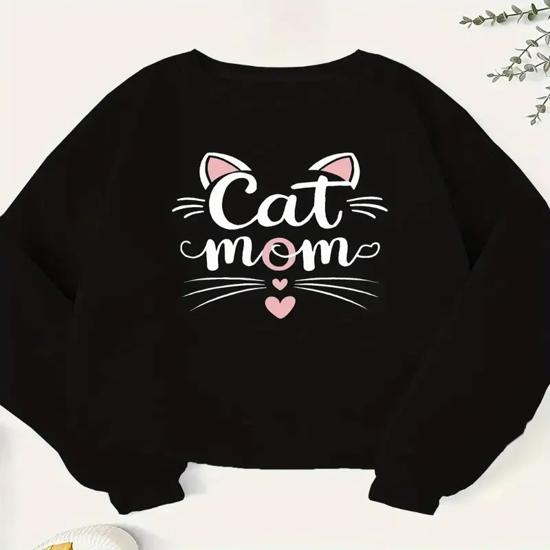 

Осенне-зимний женский свитшот большого размера, женская одежда больших размеров, кошка, мама, милый арт, белый текст, графический топ с круглым вырезом, уличный стиль
