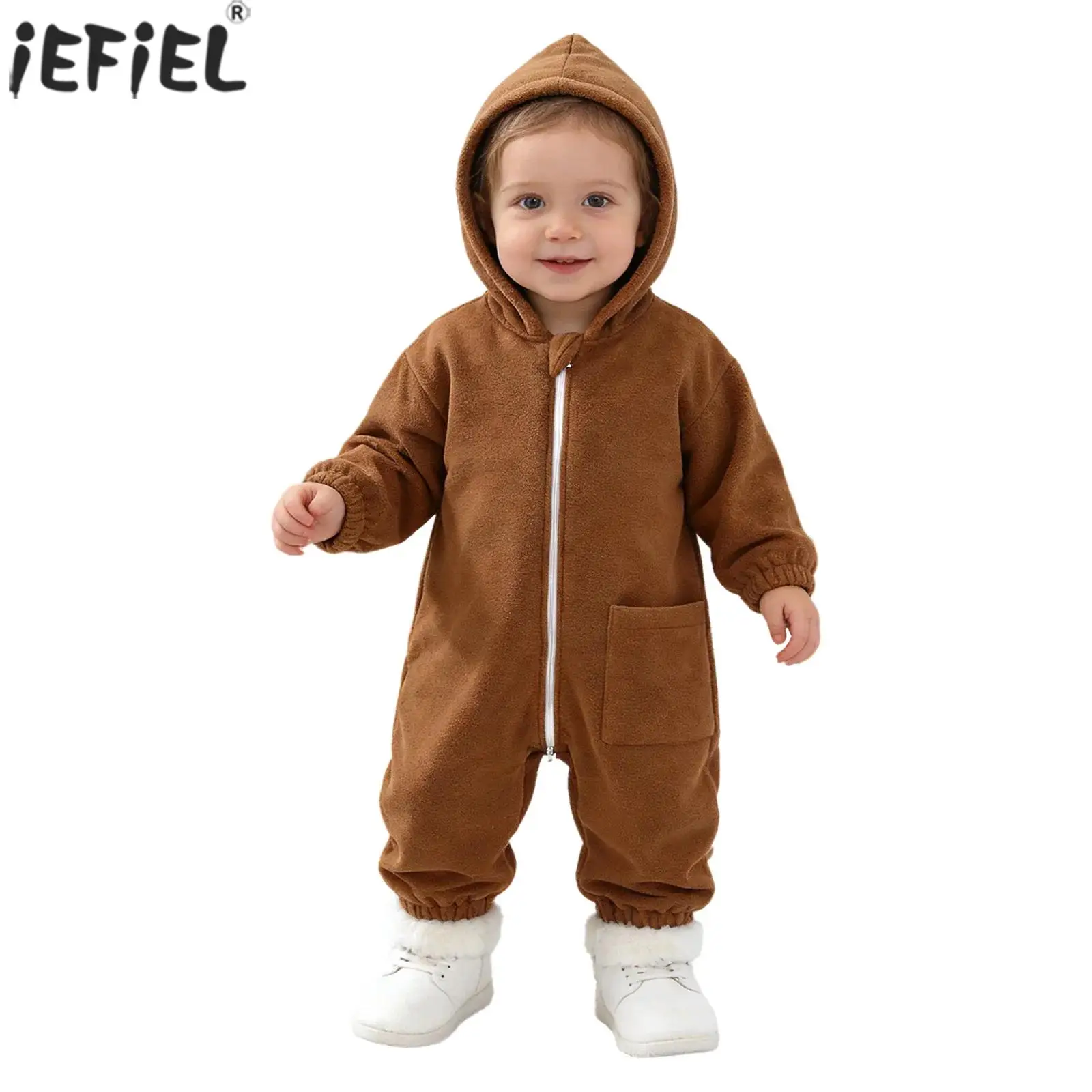 

Одежда для маленьких мальчиков и девочек, теплые флисовые комбинезоны с капюшоном, комбинезон на молнии с длинными рукавами и карманами, детская зимняя одежда, зимний комбинезон, домашняя одежда