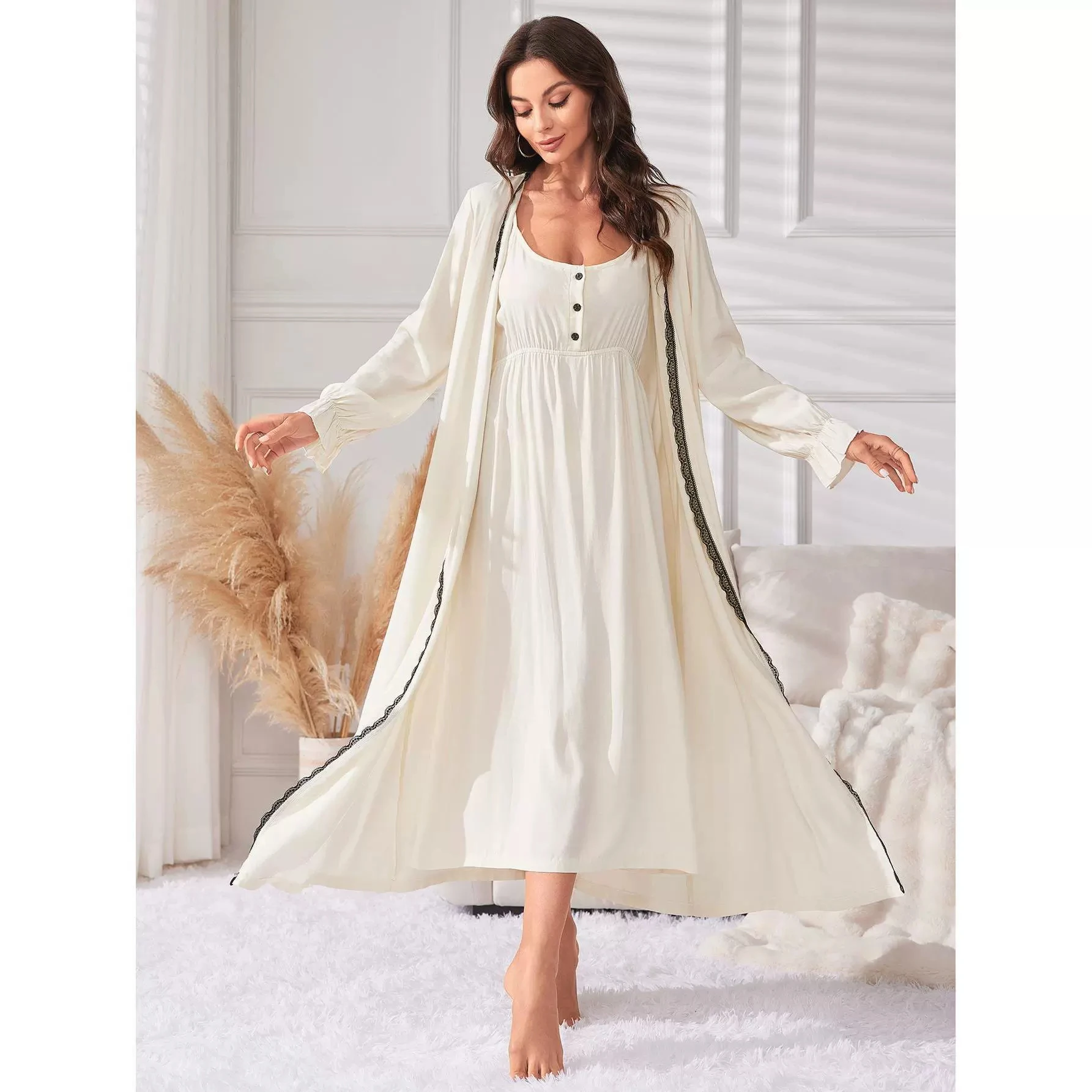 Women Nightgown Set Solid 2PCS Front Button Slip Dress&Lace Trim Ruffle Long Sleeves Belt Robe Suit Female Spring New Sleepwear