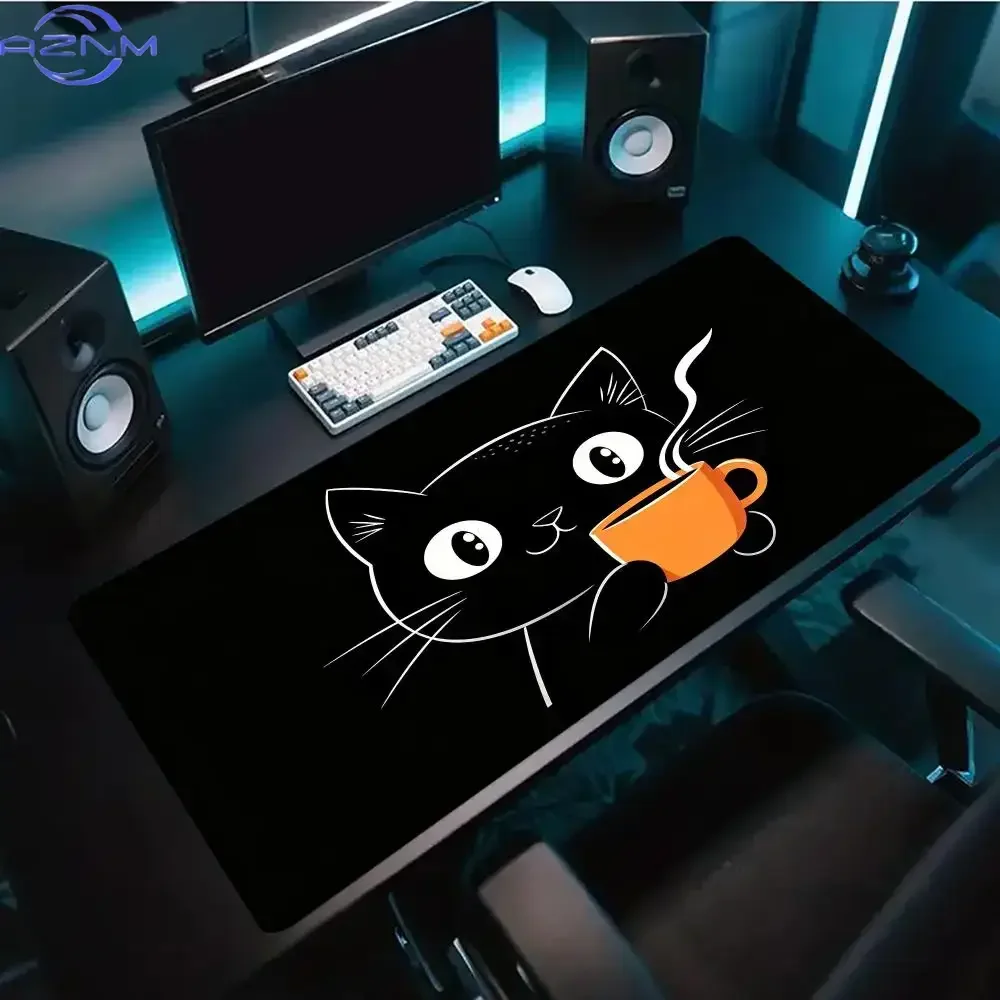 Cute Line Art Cat Hold Coffee Cup Large Gaming Mouse Pad Non Slip Rubber Desk Mat for PC Laptop Office Home Gaming Setup