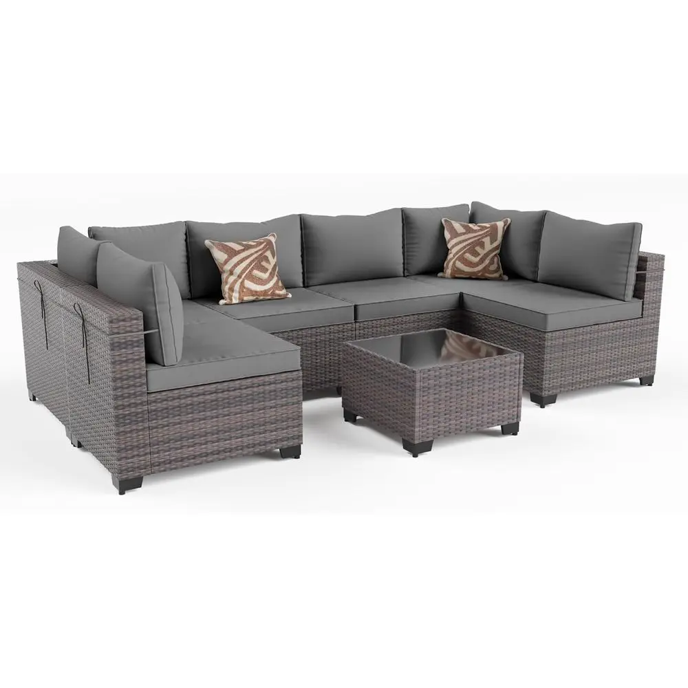 7 Pieces Outdoor Patio urniture Set,Wicker Outdoor Sectional Soa,All-Weather Patio Contion Sets with Washable Thick Cushions & C