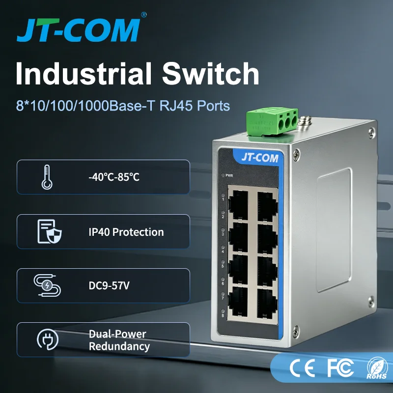 Industrial Mini Gigabit Switch 8x1000Mbps RJ45 Ethernet Switch Plug and Play -40℃~85℃ for CCTV IP Camera PLC Factory Automation