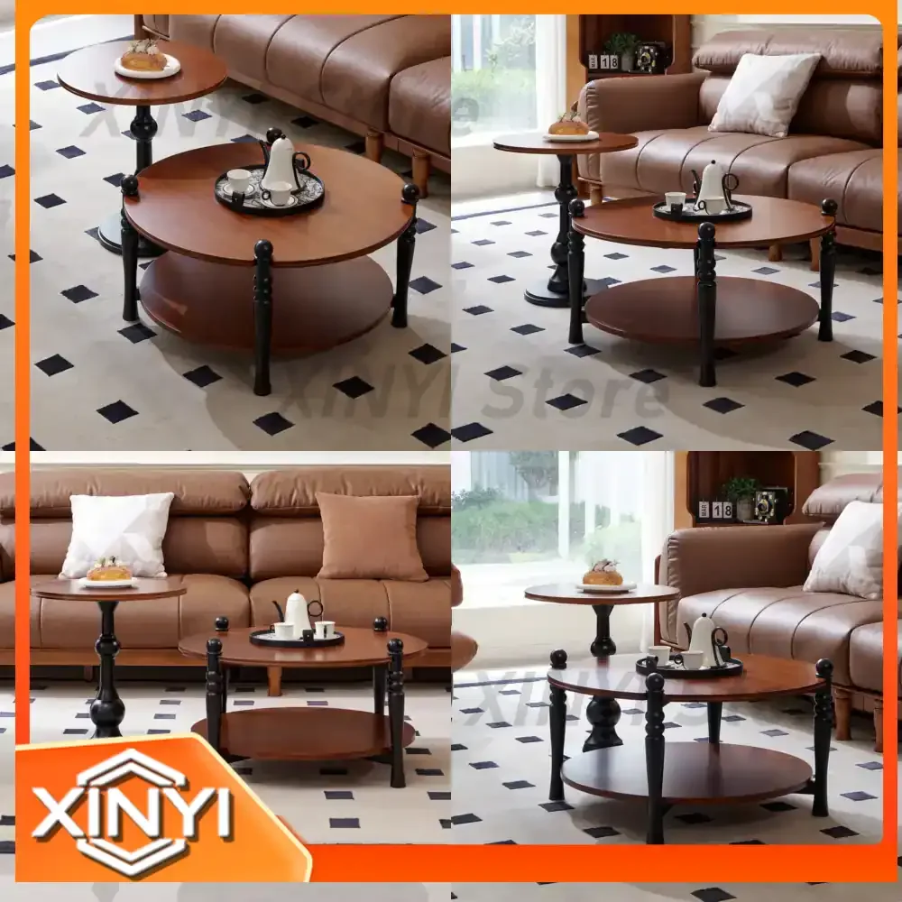 Round Coffee Table for American Retro Style Solid Wood Living Room Small Apartment Eco-Friendly Double-Layer Side Table