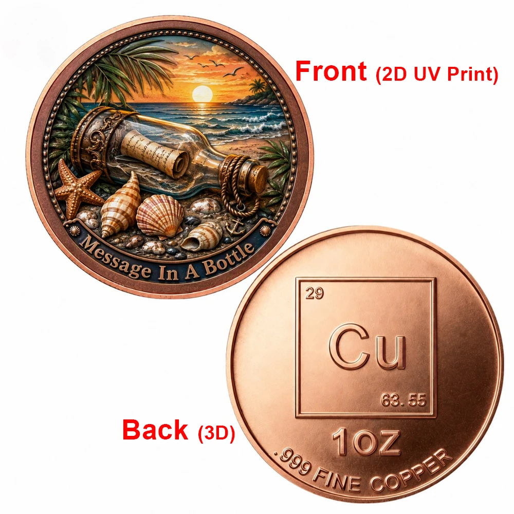 1pc 1oz .999 Fine Copper Message In A Bottle Commemorative Coin UV Print Drift Bottle with Scroll Challenge Coin Ocean Art Gift