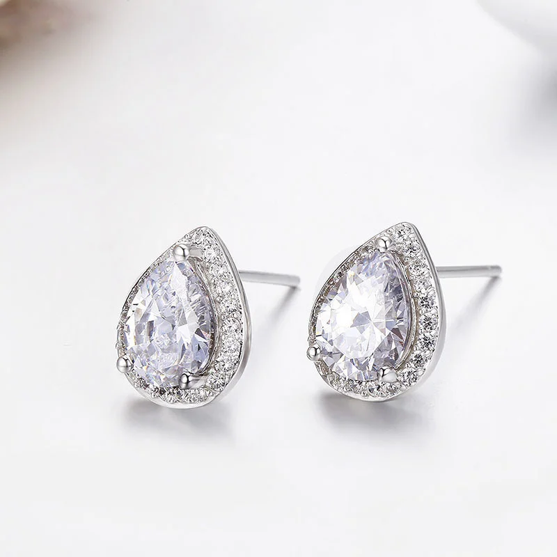 925 Sterling Silver Pear Cut Teardrop AAA CZ Accent Round CZ Stud Earrings For Women Luxury Jewelry Orecchini Aros Aretes Korean