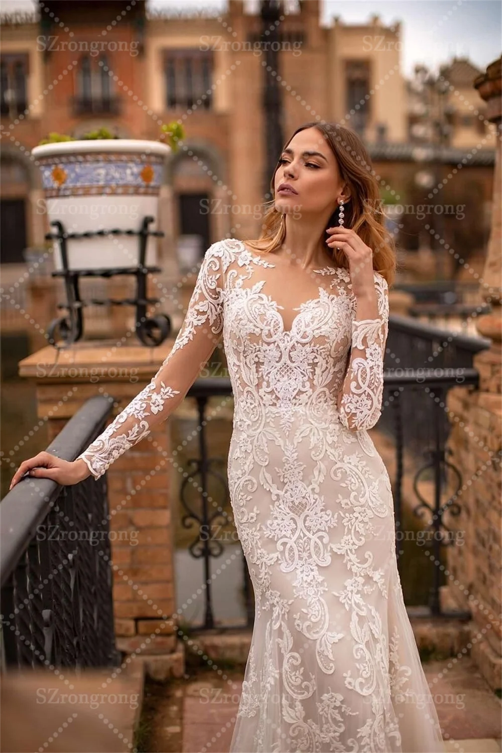 Illusion Appliques Lace Mermaid Sexy Boho Wedding Dress Long Sleeve Train Long Beach Bridal Dress Custom Made свадебное