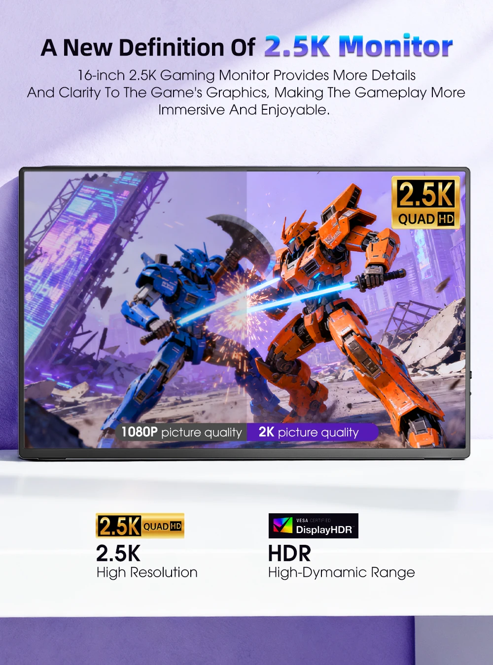 شاشة ألعاب محمولة UPERFECT 2K 120Hz مقاس 16 بوصة 16:10 500 Nits 10Bits شاشة خارجية لأجهزة الكمبيوتر المحمول مع VESA وغطاء HDR FreeSync Eye Care للكمبيوتر الشخصي والهاتف ووحدة التحكم في الألعاب