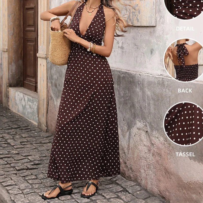 

2026 New Sexy Retro Resort Style Halter Dress Slim-Fit Deep V-Neck Suspender Polka Dot Dress