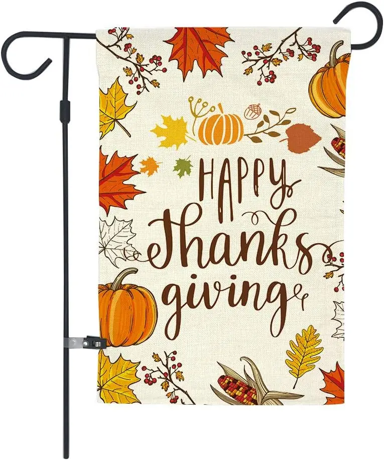 GOAUS Happy Thanksgiving Garden Flag,Fall Maple Leaf Leaves Pumpkin Farm Harvest,Double Sided Burlap Decorative House Flags  uui