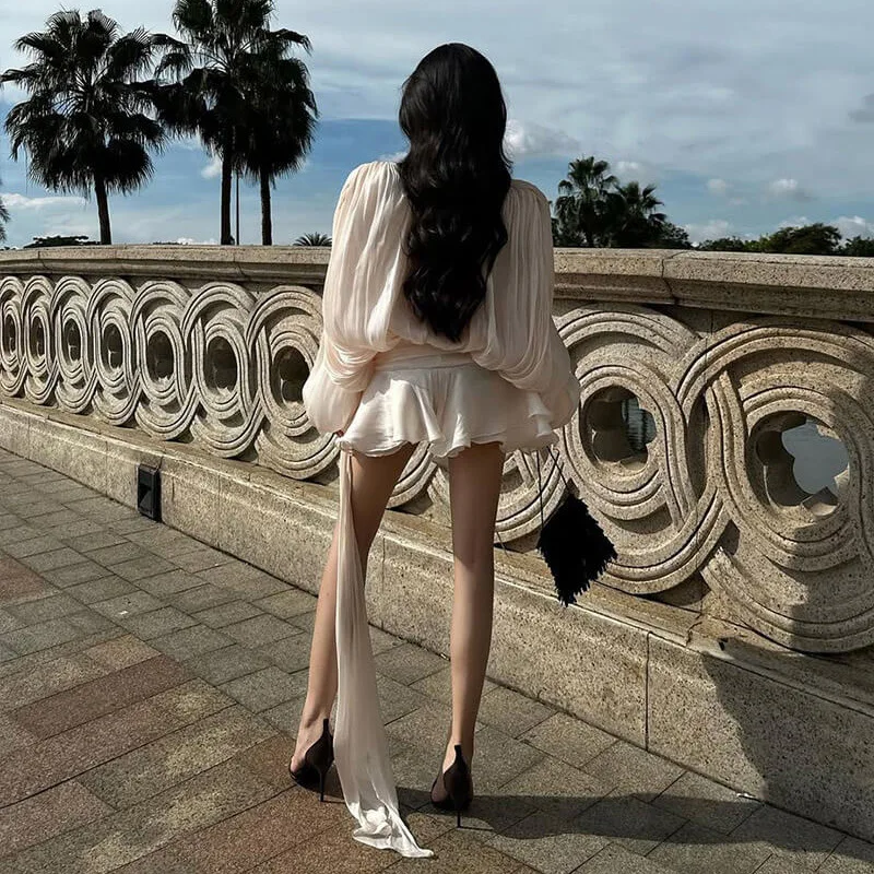 살구색 메쉬 여름 미니 드레스 여성 우아한 러플 슬림 A라인 셔츠 드레스 패션 긴팔 휴가 비치 드레스 2025