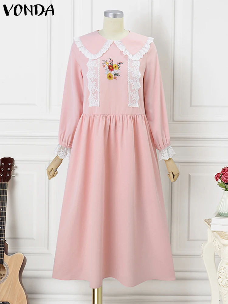 Women Sundress Bohemian Maxi Long Dress Lace Patchwork Vestidos VONDA Doll Collar Robe Casual Loose Long Sleeve Robe Oversized
