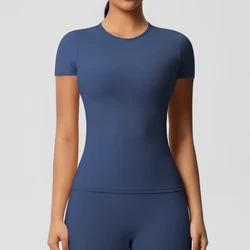 Women Running Sports T Shirt Summer Short Sleeve Round Neck Breathable Stretchy GYM Yoga Slim Fitness Active Top