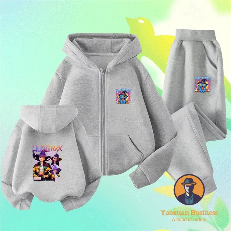 

New KPop Demon Hunters Little Girls Kids Zip Up Hoodie Set Cute Printed Cartoon Windproof Warm Autumn Winter Fashion