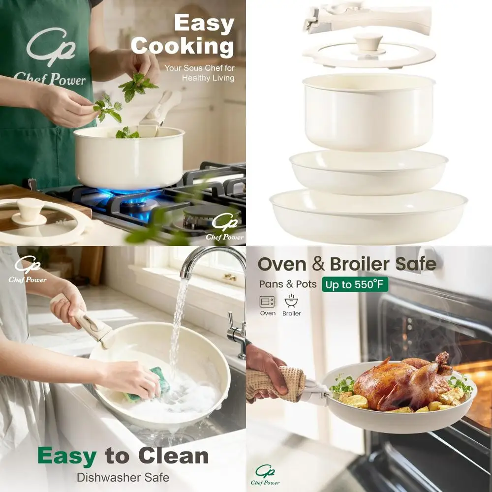 

5-Piece Nonstick Detachable Handle Cookware Set, Induction & Dishwasher Safe, Cream White for RV Kitchens